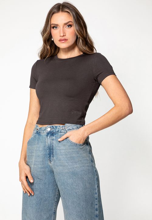 Blusa Baby Tee Hotfix GUESS Marrom