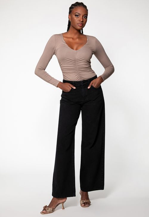 Blusa Manga Longa Franzido Decote V Bege