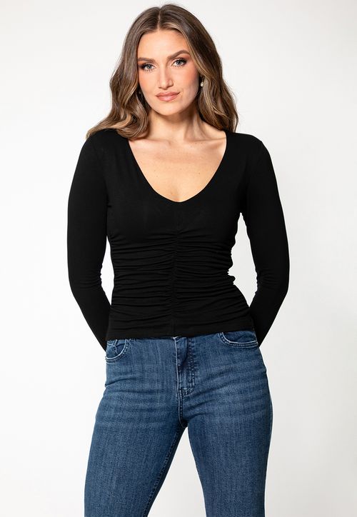 Blusa Manga Longa Franzido Decote V Preto