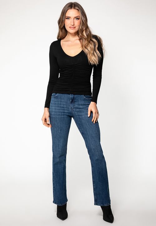 Blusa Manga Longa Franzido Decote V Preto