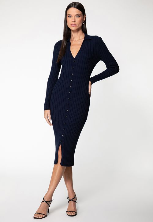 Vestido de Tricot Canelado Manga Longa Azul Marinho