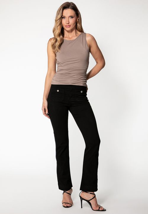 Calça Sarja Reta Bolsos com Botões Preto