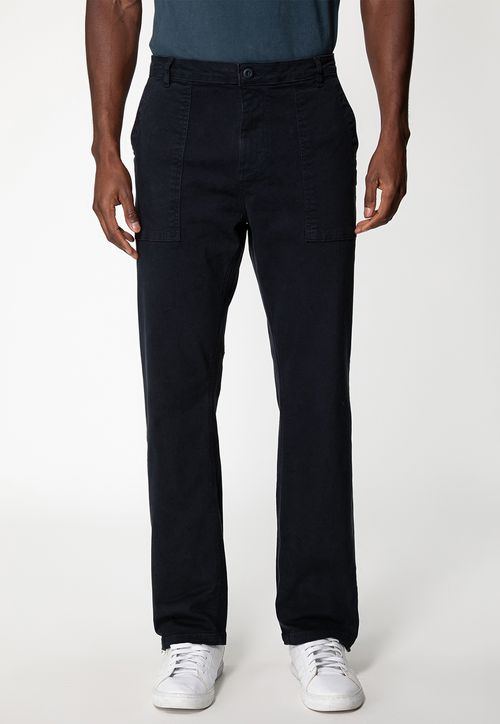 Calça Sarja Reta Bolso Chapado Azul Escuro