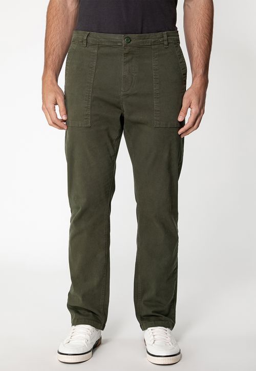 Calça Sarja Reta Bolso Chapado Verde Escuro