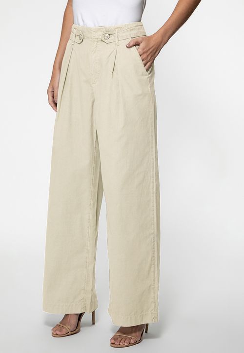 Calça Sarja Wide Leg Botões Bege