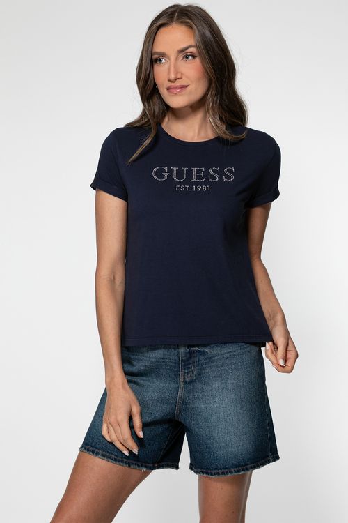 Camiseta Guess Manga Dobrada Hotfix Azul Escuro