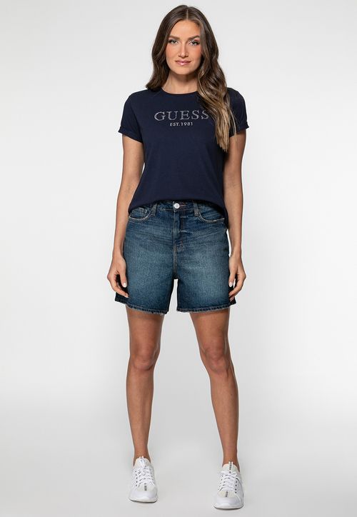 Camiseta Guess Manga Dobrada Hotfix Azul Escuro