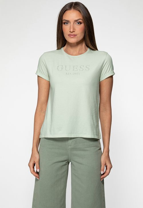 Camiseta Guess Manga Dobrada Hotfix Verde Claro