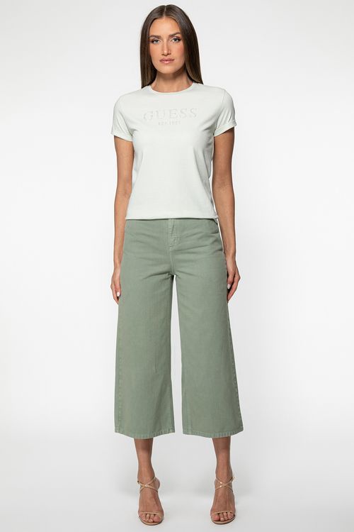 Calça Sarja Wide Leg Cropped Verde Musgo