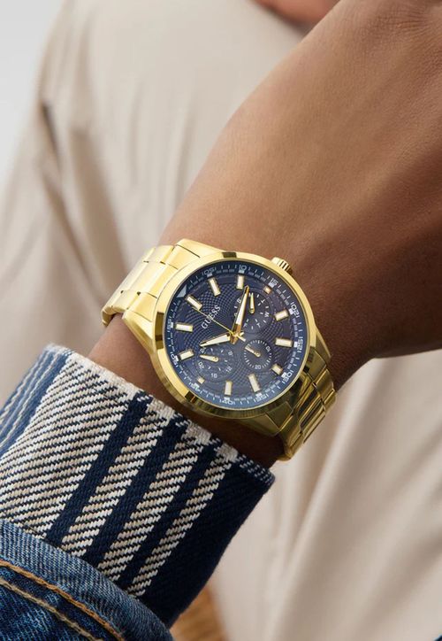 Relógio Redondo Analógico Aço Azul e Dourado