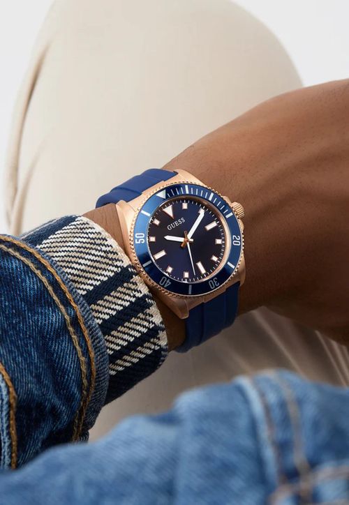 Relógio Sport Silicone Aço Rosê e Azul