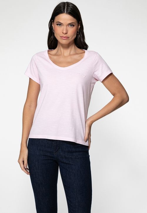 Camiseta Guess Dec V Bordado Cursivo Rosa Claro