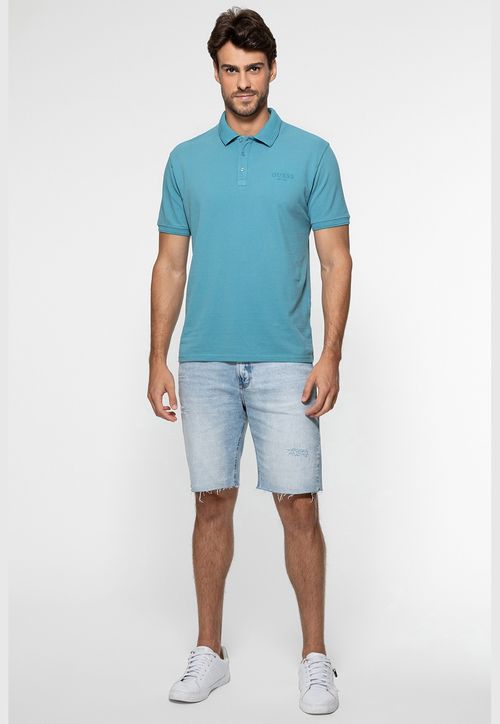 Camisa Polo Guess Silk Relevo Est 1981 Azul
