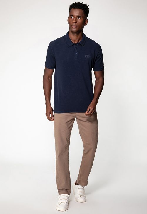 Camisa Polo Guess Silk Relevo Est 1981 Azul Escuro