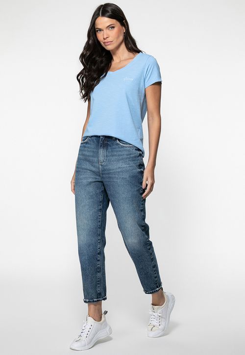 Camiseta Guess Dec V Bordado Cursivo Azul