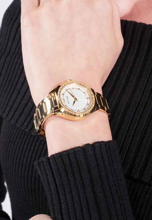 Relógio Redondo Analógico Cristais Dourado