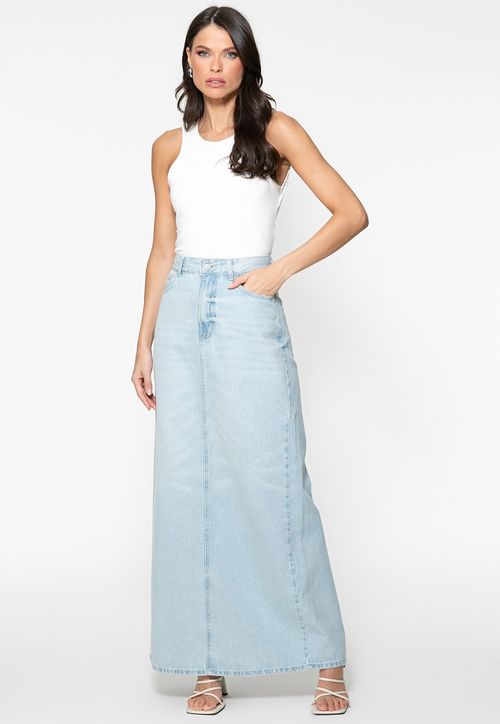 Saia Jeans Longa Fenda Traseira Azul Claro