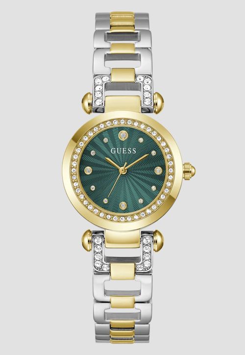 Relógio Redondo Cristais Verde Aço Prata e Dourado