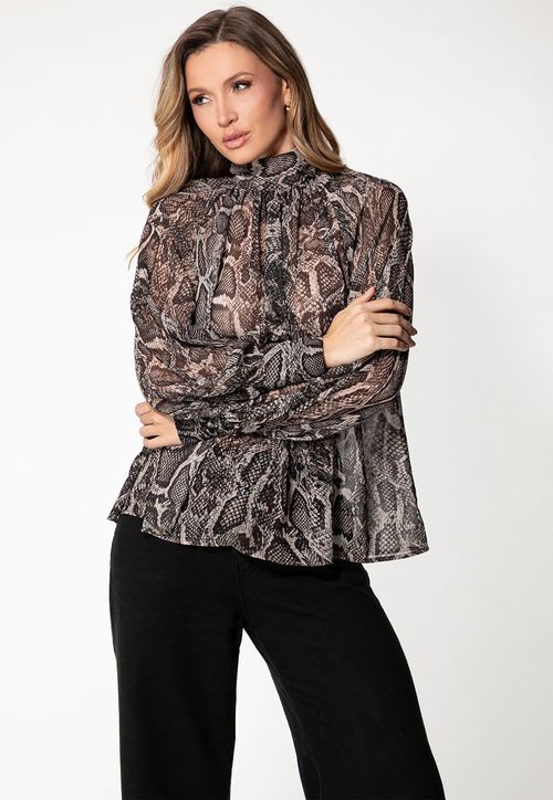 Blusa Eco Manga Longa Laço Animal Print