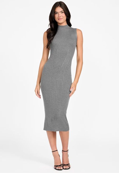 Vestido Midi Tricot Canelado Eco Cinza