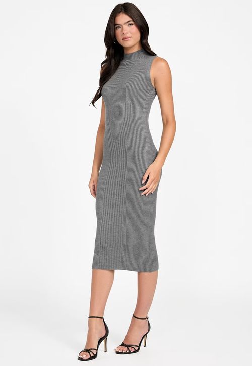 Vestido Midi Tricot Canelado Eco Cinza