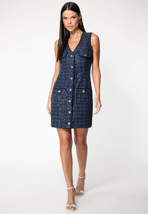 Vestido Denim Bordado Paetês Azul Marinho