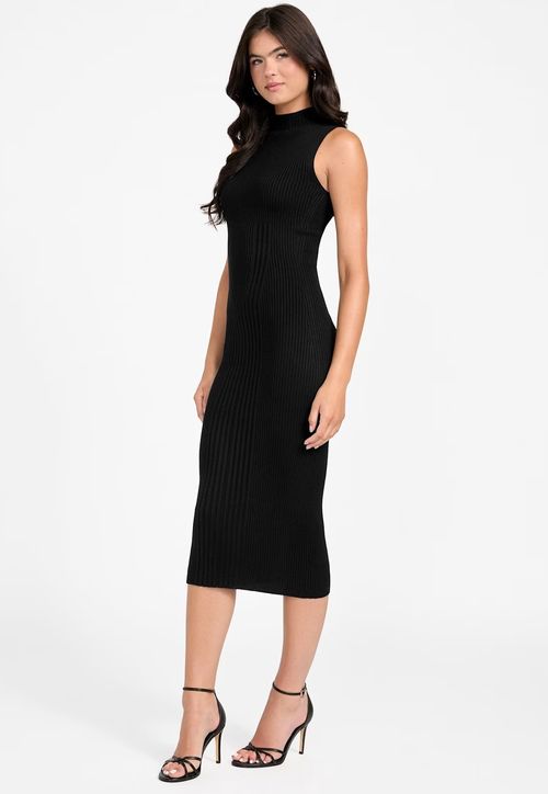 Vestido Midi Tricot Canelado Eco Preto