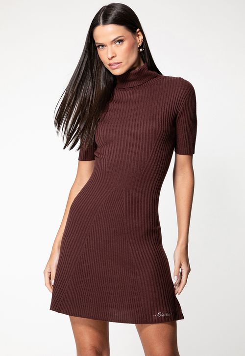 Vestido Tricot Canelado Eco Gola Alta Vinho