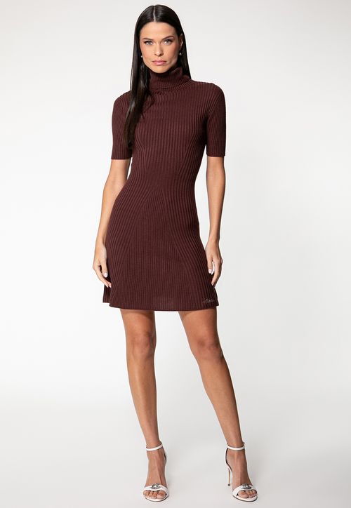 Vestido Tricot Canelado Eco Gola Alta Vinho