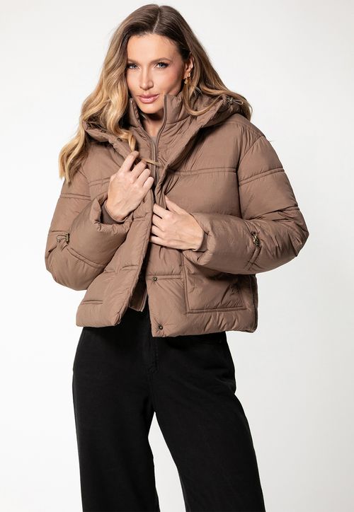 Jaqueta Puffer Capuz Eco Bege