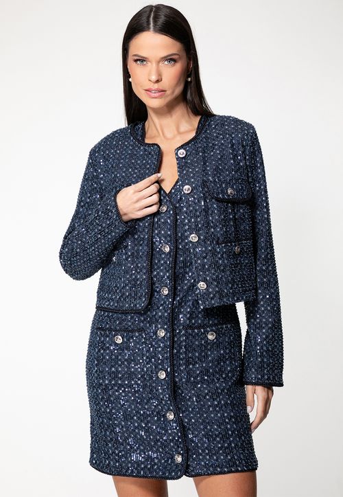 Casaqueto Denim Bordado Paetês Azul Marinho