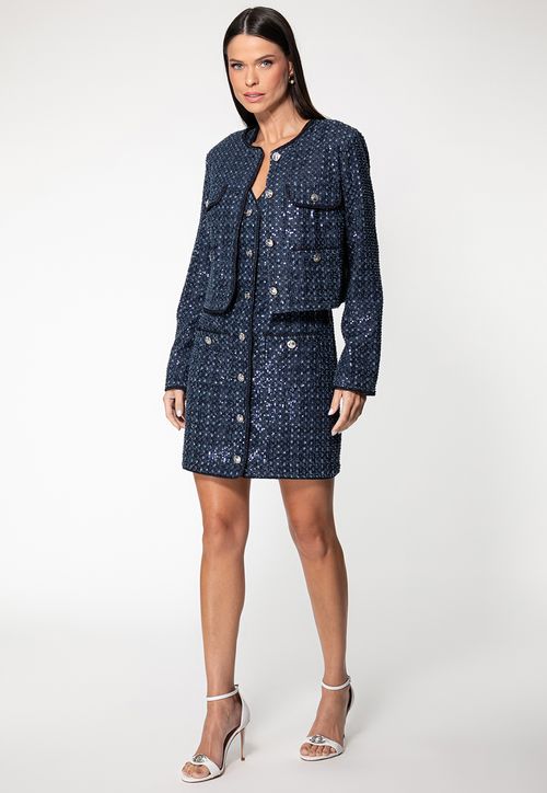 Casaqueto Denim Bordado Paetês Azul Marinho