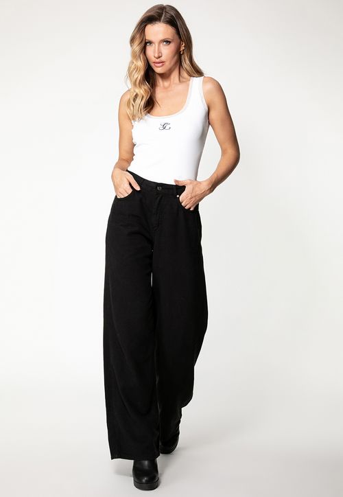 Regata Malha Ribana Decote Bordado Branco