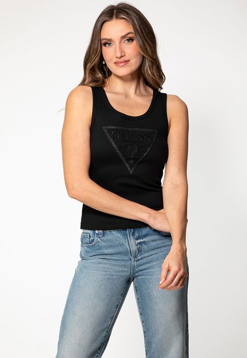 Regata Malha Ribana Logo Bordado Preto