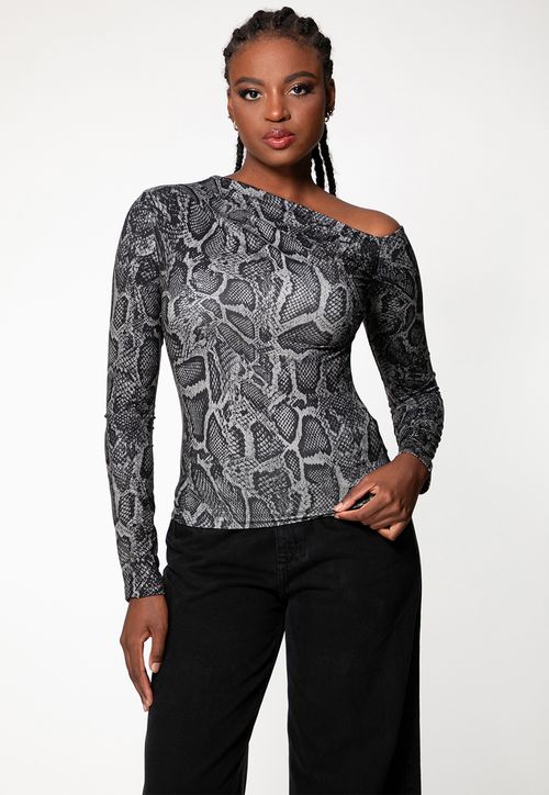 Blusa Eco Ombro Assimétrico Animal Print Cinza
