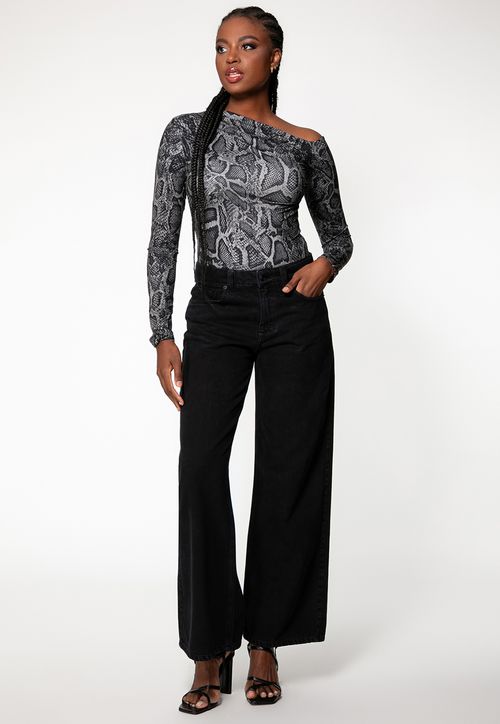 Blusa Eco Ombro Assimétrico Animal Print Cinza