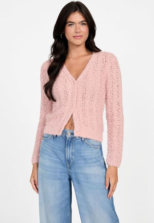 Cardigan em Tricot Eco Ponto Aberto Rosa Claro