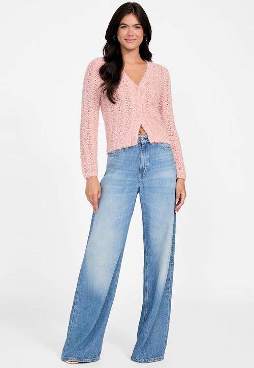 Cardigan em Tricot Eco Ponto Aberto Rosa Claro