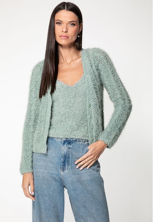 Cardigan em Tricot Eco Ponto Aberto Verde Claro