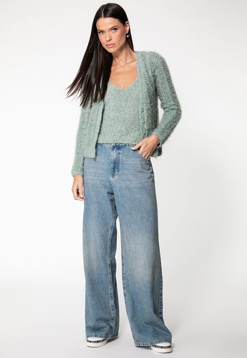 Cardigan em Tricot Eco Ponto Aberto Verde Claro