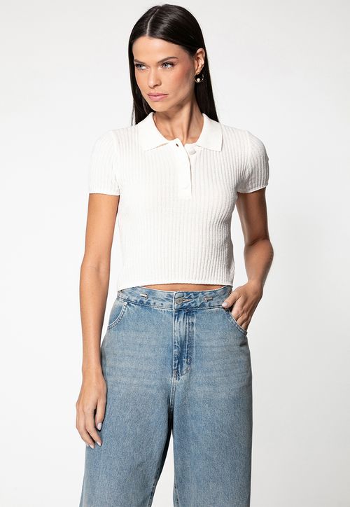 Cropped Polo Tricot Chenille Off White