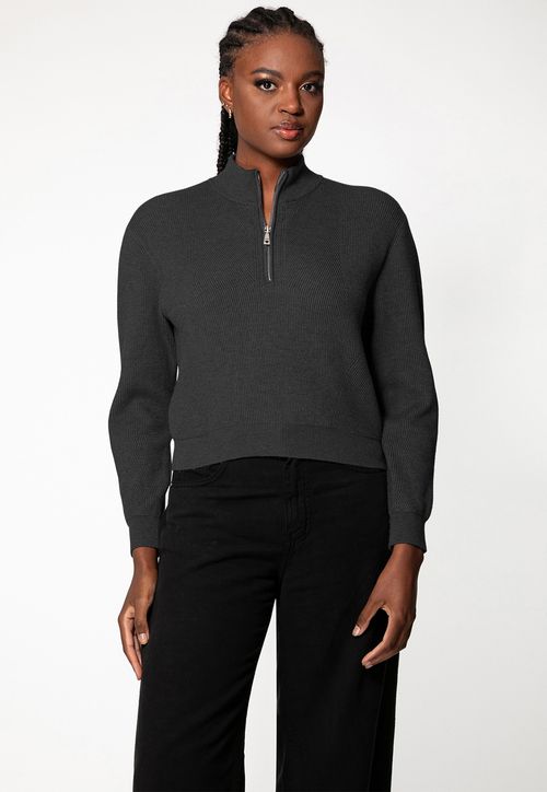Blusa de Tricot Eco Canelada Zíper Cinza