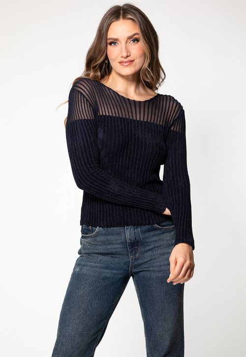 Blusa de Tricot Chenille Manga Longa Azul Marinho