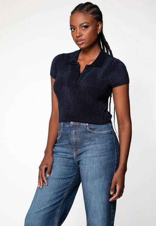 Cropped Polo Tricot Chenille Azul Marinho