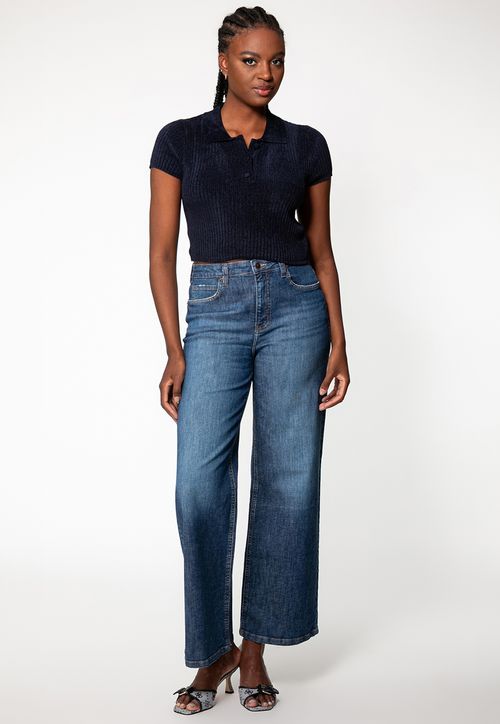 Cropped Polo Tricot Chenille Azul Marinho