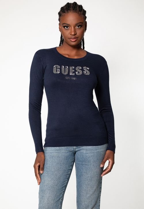 Blusa de Tricot Eco Logo Cristais Azul Marinho