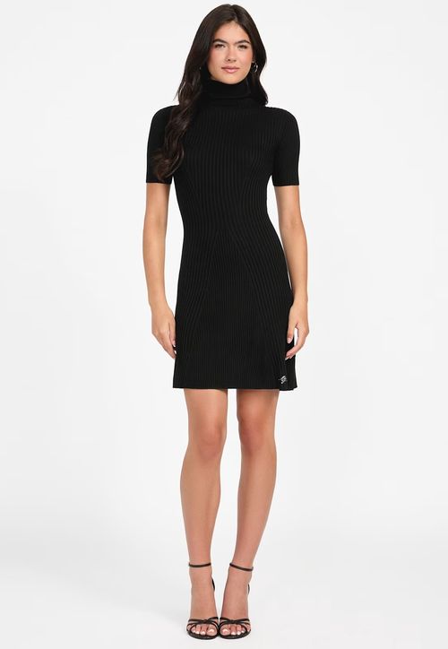 Vestido Tricot Canelado Eco Gola Alta Preto