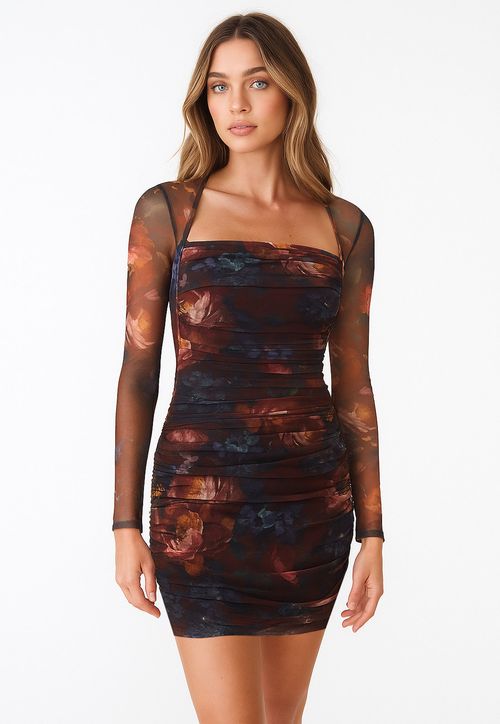 Vestido Mini Tule Eco Estampa Flower Preto