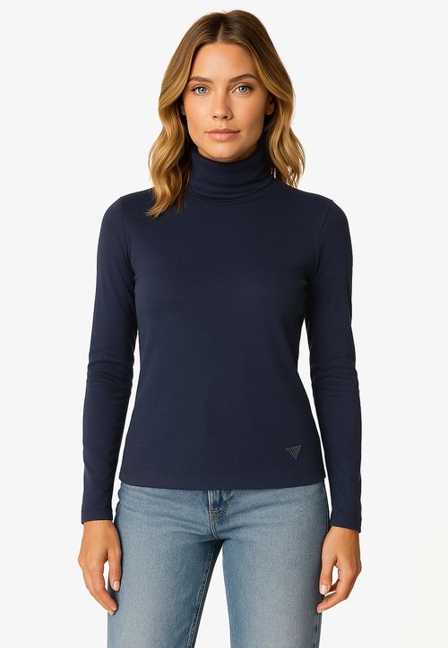 Blusa de Malha Tricot Eco Gola Alta Azul Marinho