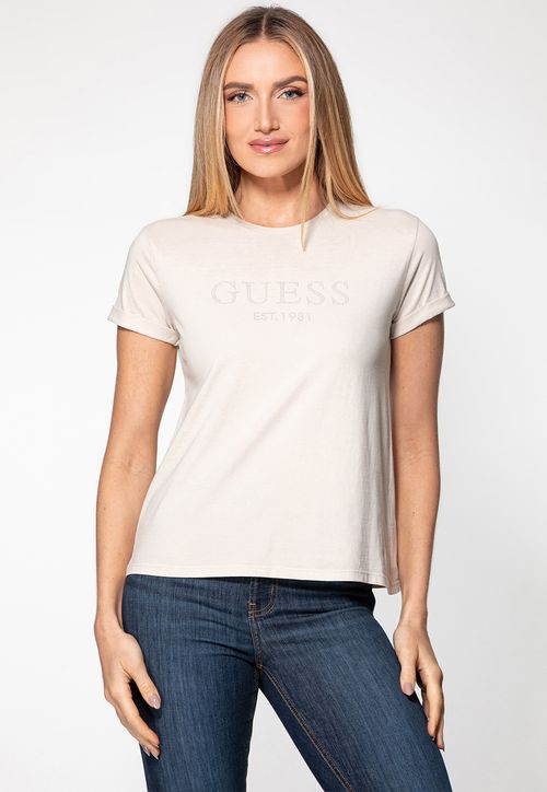Camiseta Guess Manga Dobrada Hotfix Bege
